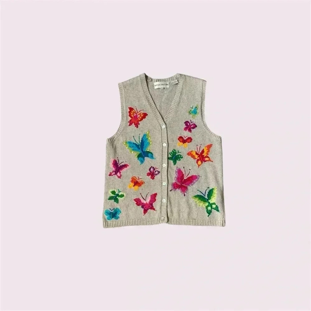 Vintage cotton linen blend V-neck sweater vest with  butterflies